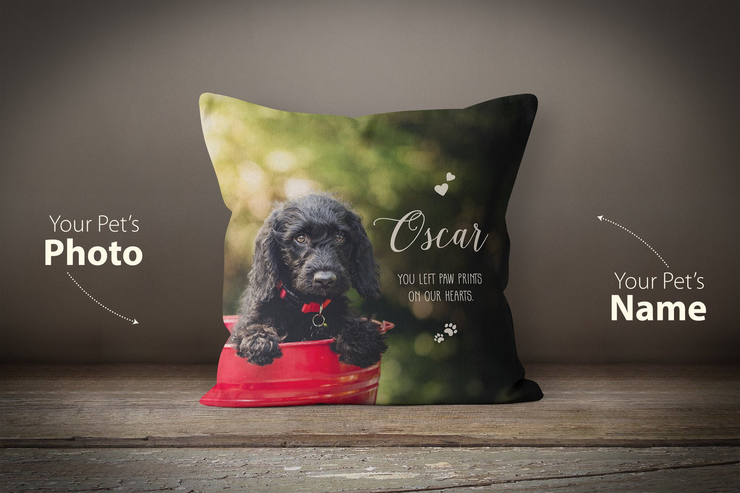 Custom Pet Photo Pillow - (Paw Prints on my Heart)