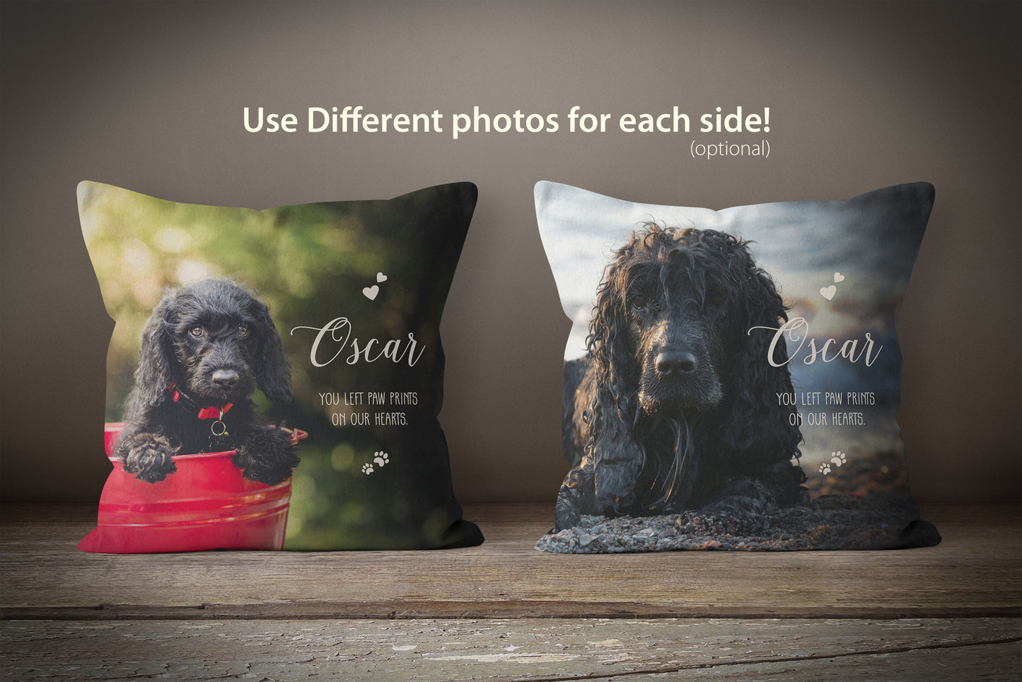 Custom Pet Photo Pillow - (Paw Prints on my Heart)