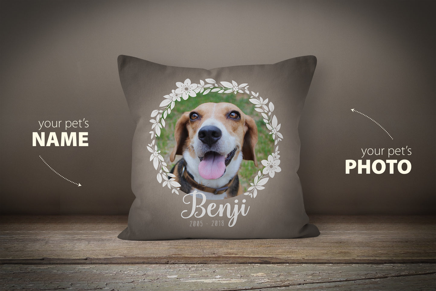 Custom Pet Photo Pillow - (Wreath with Dates)