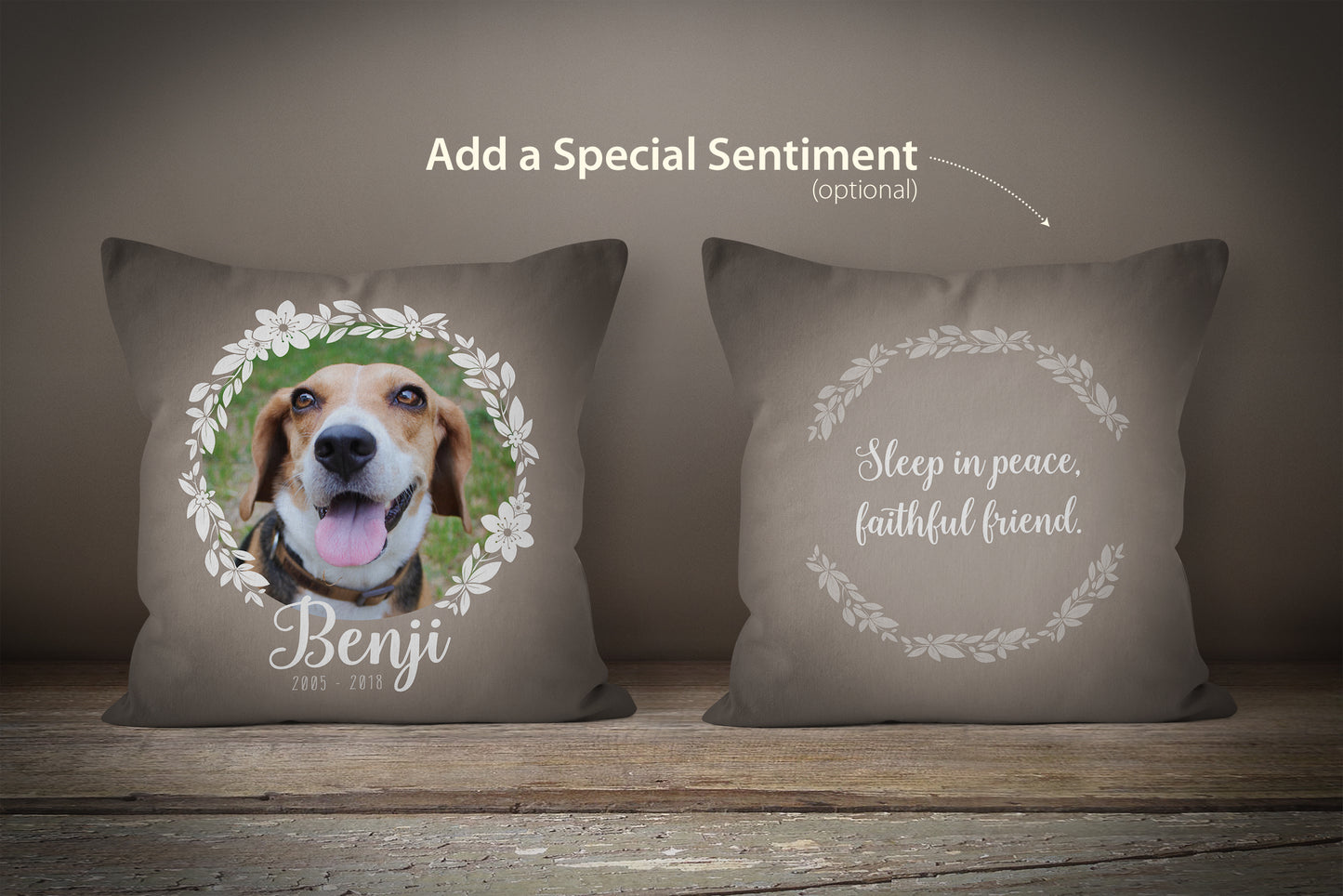 Custom Pet Photo Pillow - (Wreath with Dates)