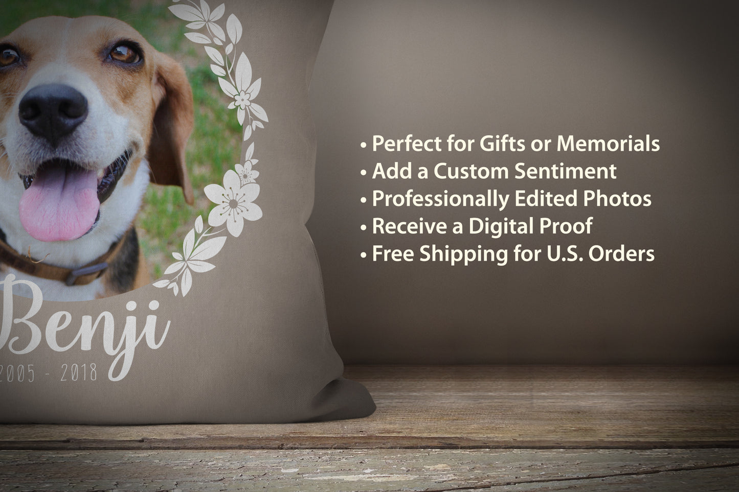 Custom Pet Photo Pillow - (Wreath with Dates)